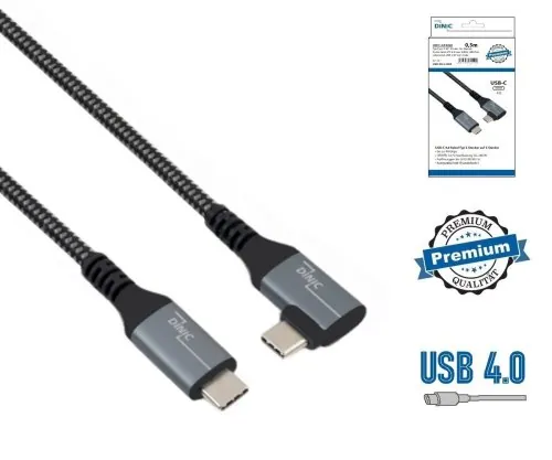 DINIC USB C 4.0 Kabel, gerade auf 90° Winkel, 0,5m PD 240W, 40Gbps, Alu Stecker, Nylon Kabel, KB Box